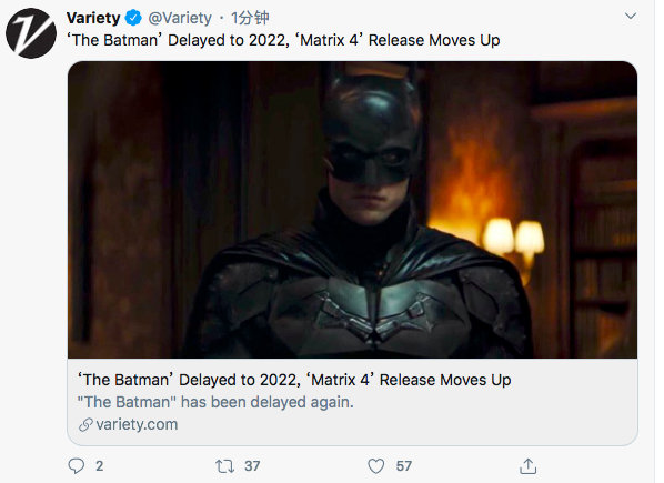 《蝙蝠侠》推迟至2022年3月4日公映