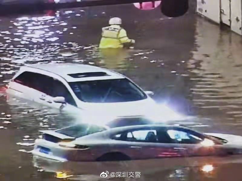 深圳罗湖暴雨高架桥下6台车被淹 深圳交警：积水已退正处理