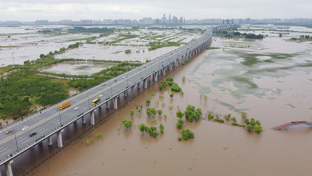 2021年8月13日，哈尔滨，松花江水位持续上涨，高出正常景观水位近两米，堤坝内的树木、田地已经泡在水中。人民视觉 图