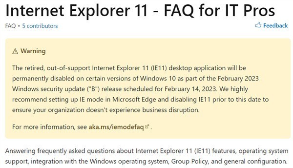 微软再次提醒：将在明年2月永久禁用IE 11