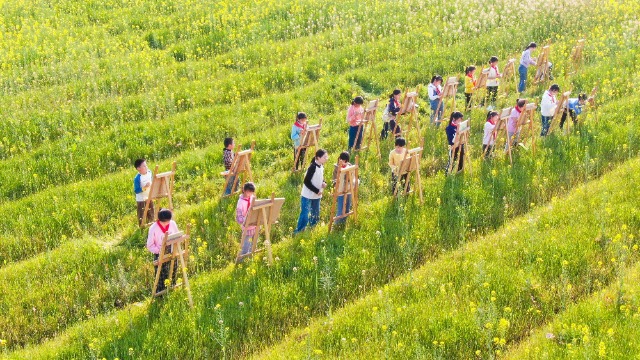 3月15日，江西省吉安市吉州区樟山中心小学的学生在油菜花田间写生画画，描绘春天的美景。 (6).jpg