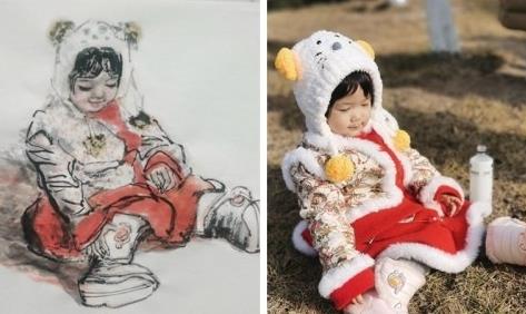 “晒娃”最高境界 咸阳“硬核”爷爷把孙女装进国画里